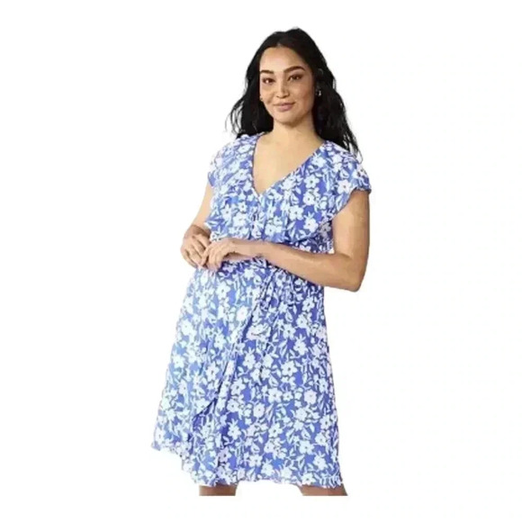 Draper James Dresses & Skirts - Draper James RSVP Blue Floral Flutter Sleeve Wrap Dress, Size L